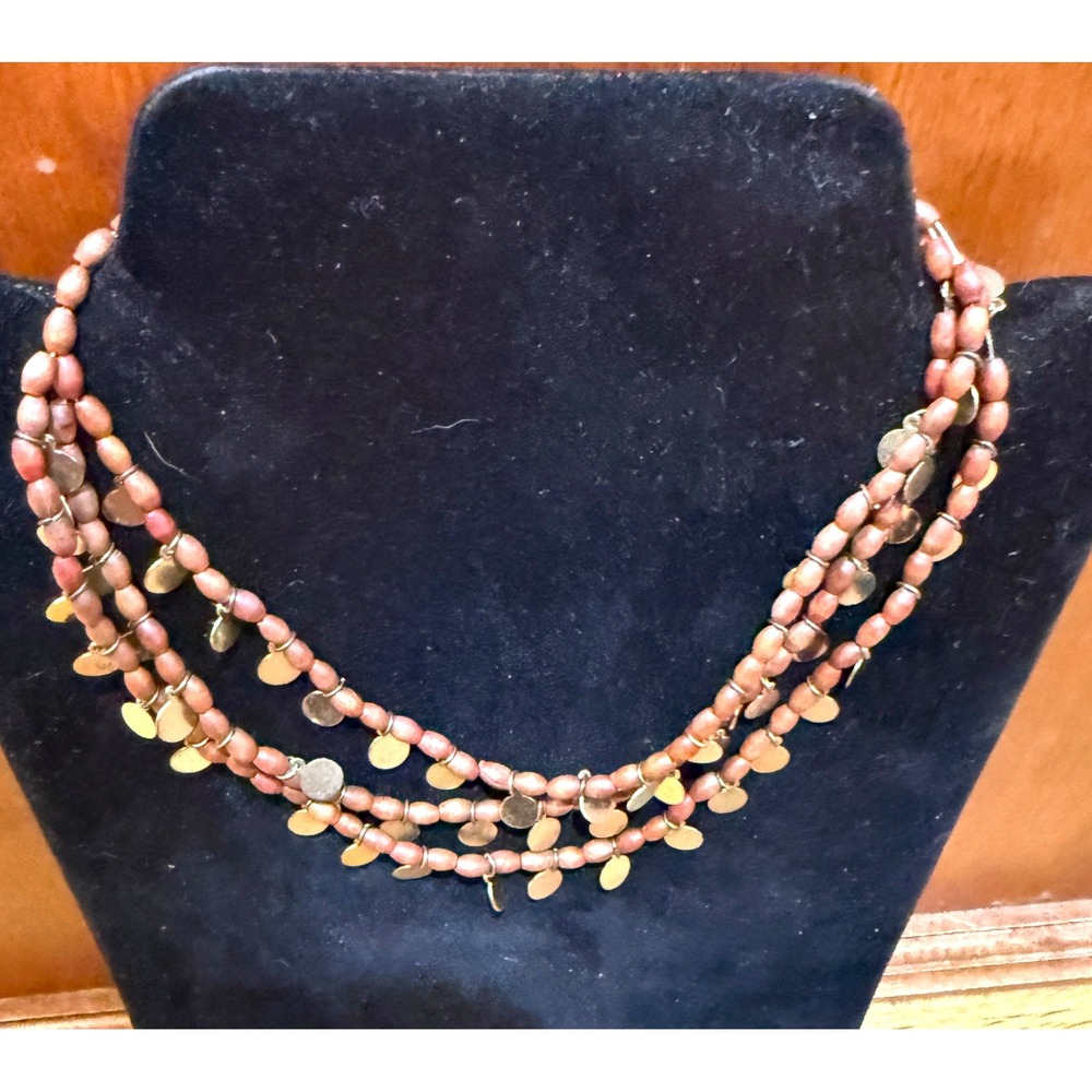 Bohemian Multi Strand Wood Bead Gold Disc Charm Layered Necklace 14 Inch